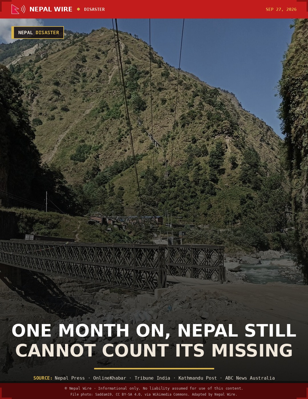 A metal truss bridge spans the fast-flowing Bhotekoshi River in Sindhupalchok District, with piles of construction rubble and rebuilding materials near the riverbank.