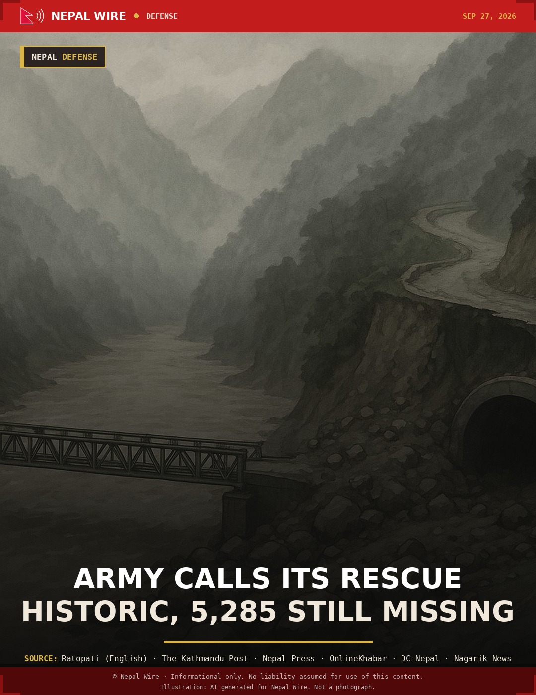A damaged mountain road and temporary bridge over a muddy river in Nepal's flood hit Rasuwa district, with a hydropower tunnel entrance visible nearby.