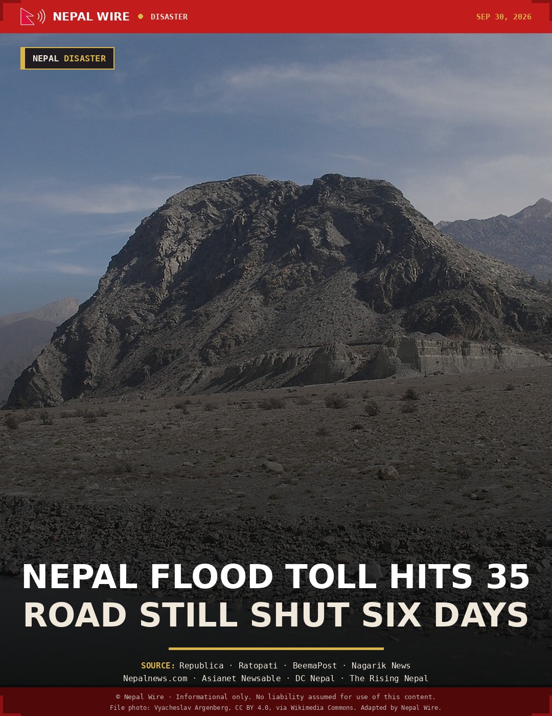 The Kali Gandaki River flows through a broad rocky valley near Jomsom, Nepal, with a large rock outcrop and mountains in the background.