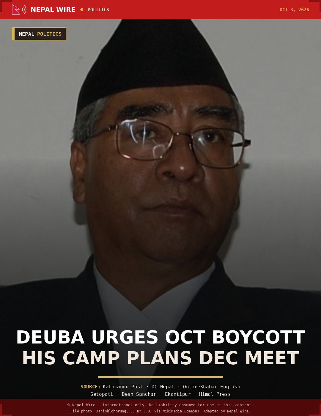 Portrait of Sher Bahadur Deuba wearing a traditional Nepali topi and glasses, looking directly at the camera.