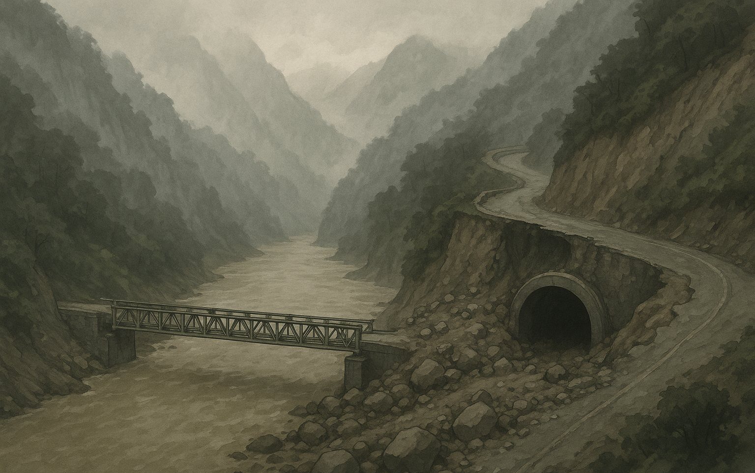 A damaged mountain road and temporary bridge over a muddy river in Nepal's flood hit Rasuwa district, with a hydropower tunnel entrance visible nearby.