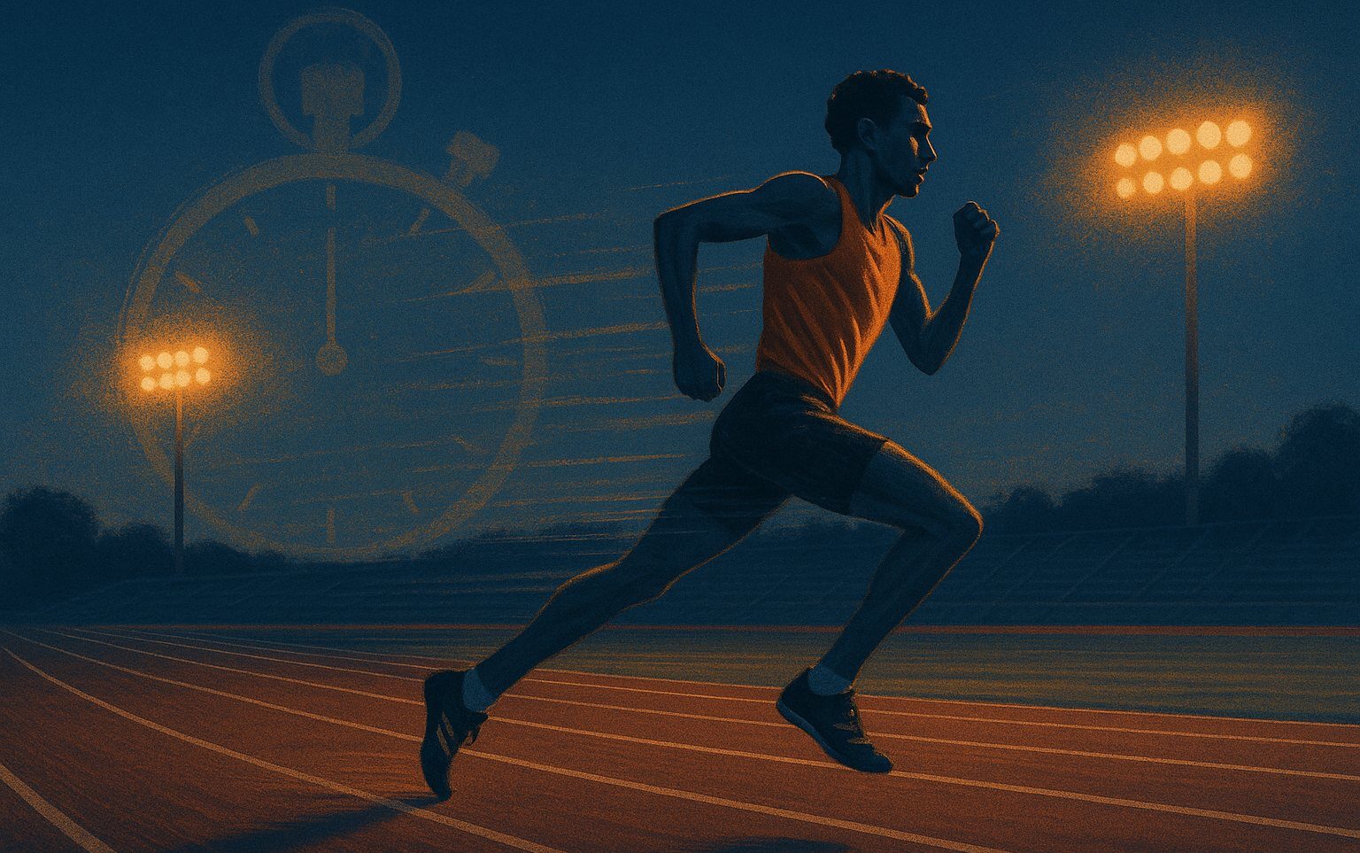 An illustration of a distance runner on an athletics track, representing Nepal's new national 5000m record at the Asian Games.