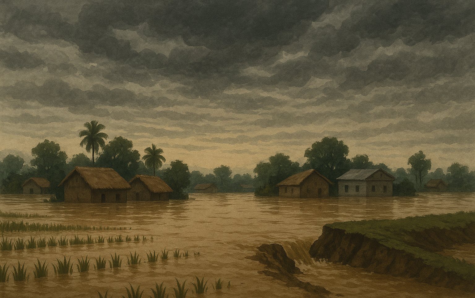 Floodwater from a breached river embankment spreads across submerged paddy fields near a Tarai town in Nepal.