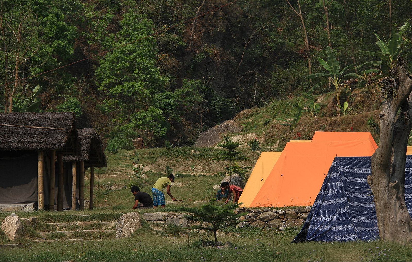 A wide view of the Bhote Koshi river valley in Nepal, with forested hillsides descending toward the water.