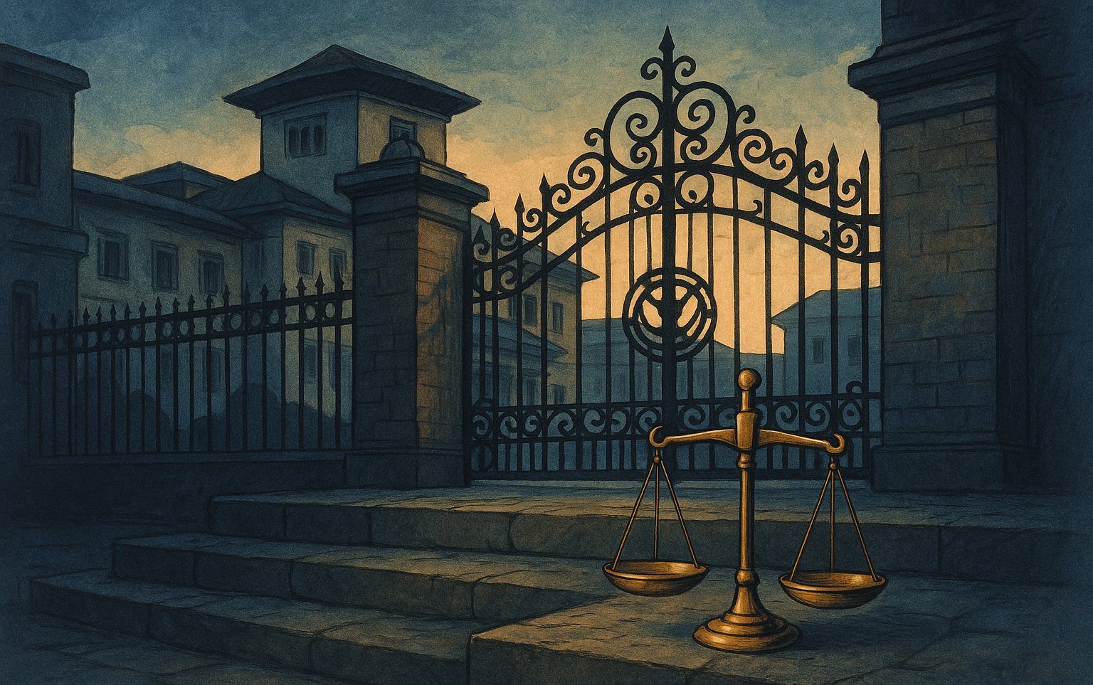 An illustration of a courthouse gate and a scale of justice, representing Nepal's judiciary amid a widening money laundering investigation.