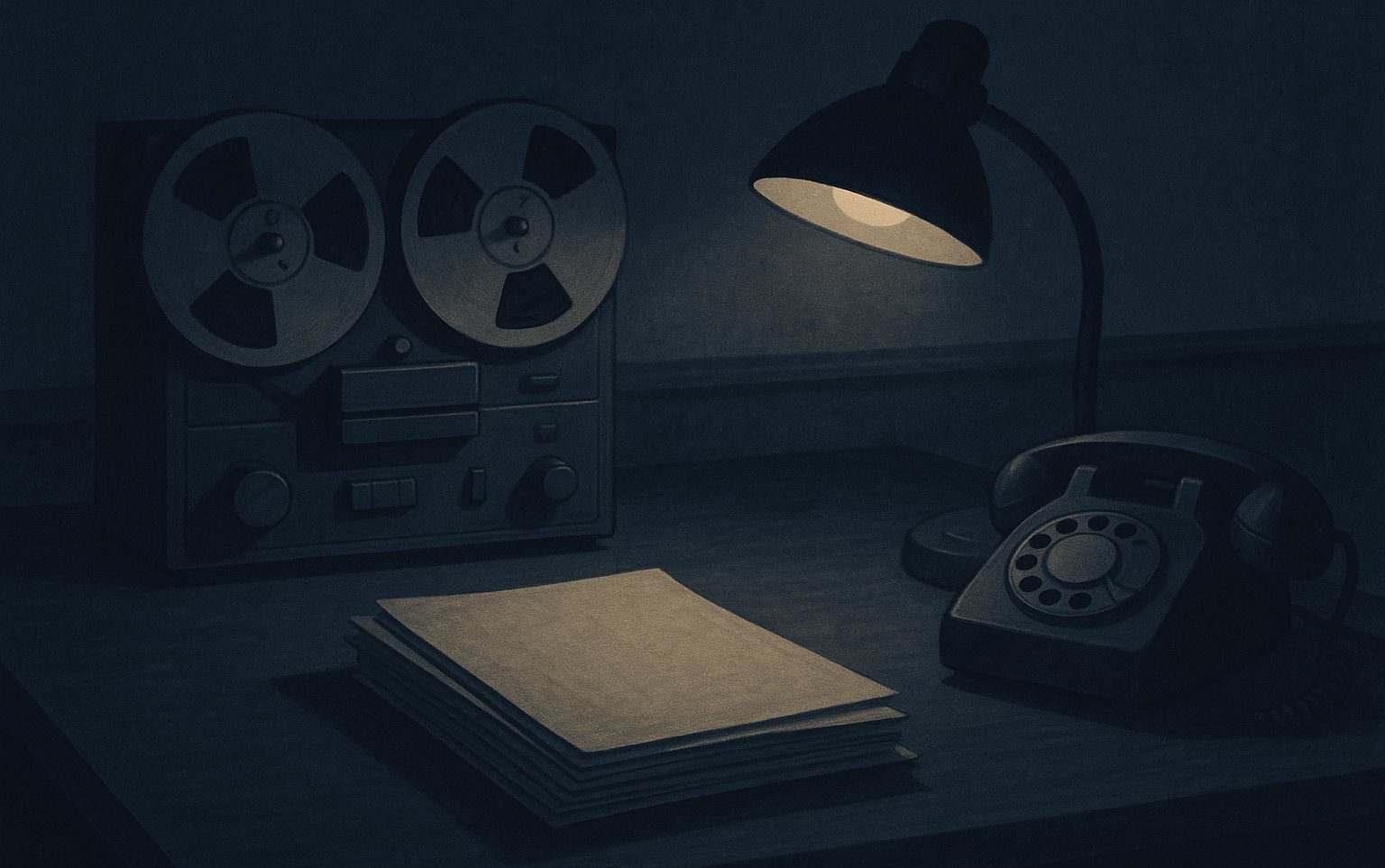 An editorial illustration of a paused tape recorder and an unanswered phone on a dim desk, symbolizing an unresolved audio allegation and official silence.