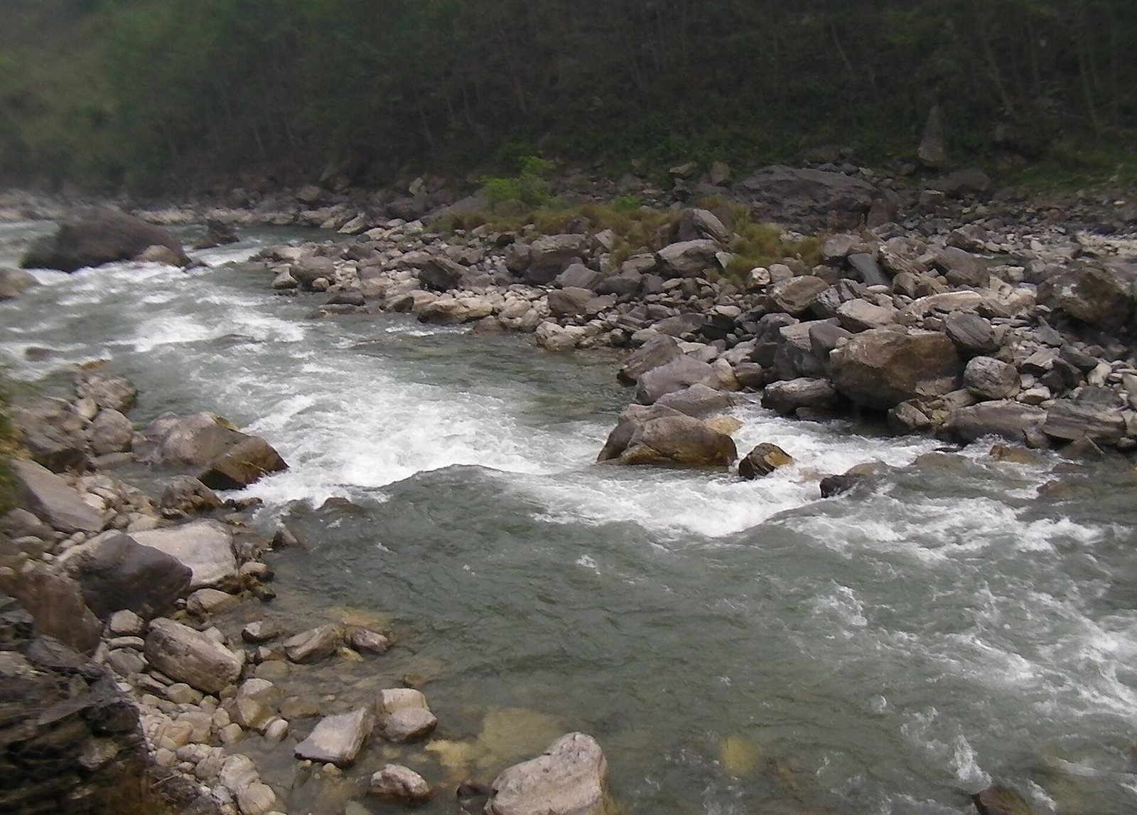 The Bhote Koshi river flowing through a rocky valley in Nepal, with forested hillsides on either bank.