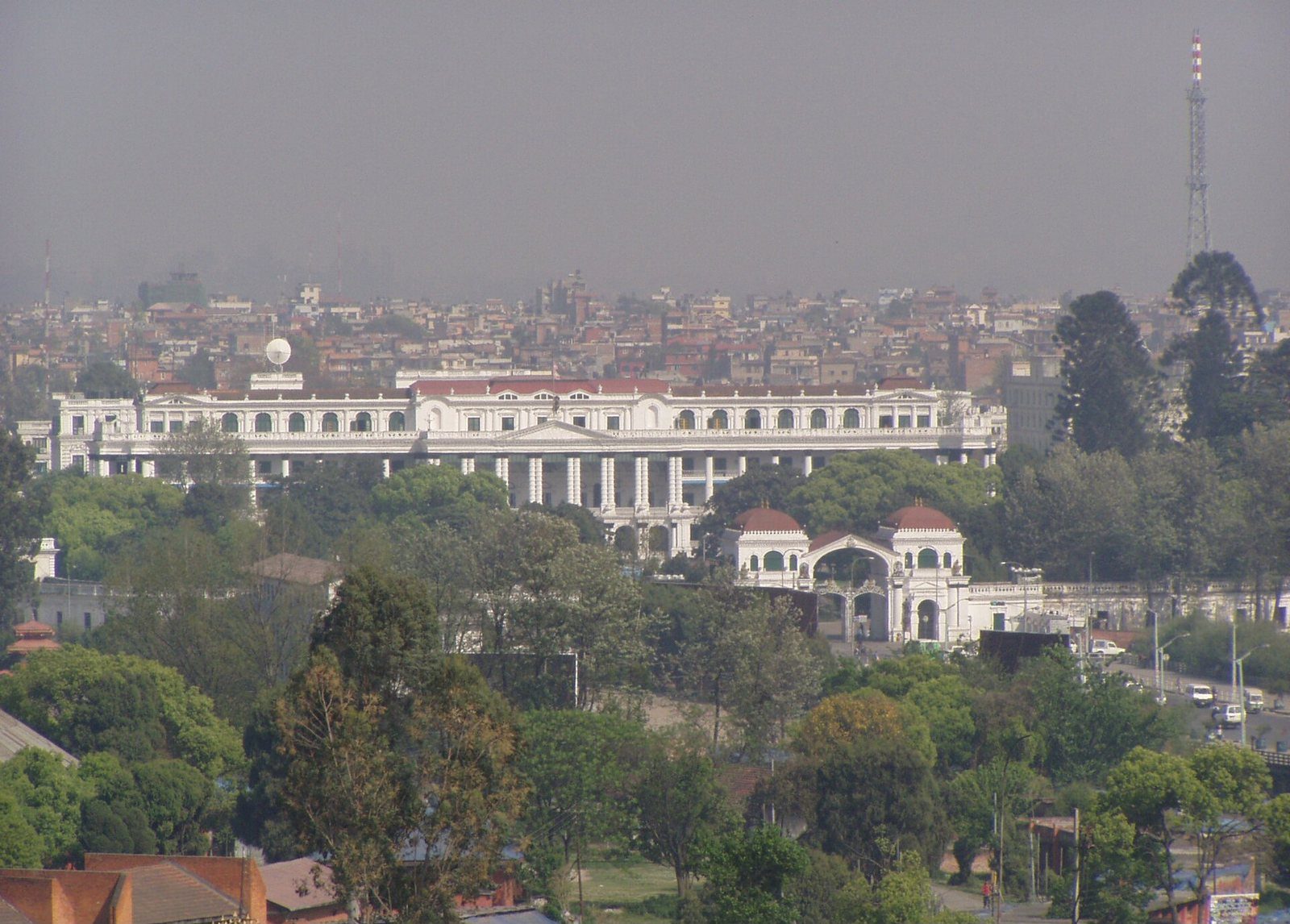 The white colonnaded facade of Singha Durbar, the seat of Nepal's government, in Kathmandu.