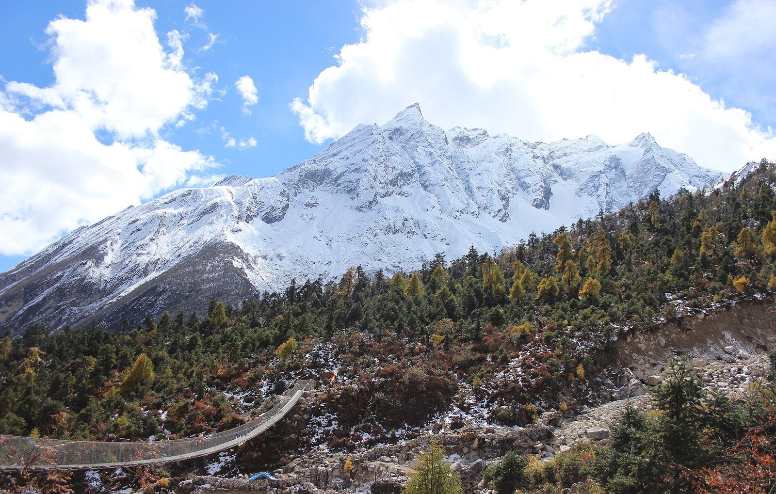 A snow-capped Himalayan peak rises above green conifer forest and a rocky hillside with a suspension bridge in the Manaslu Conservation Area of Gorkha district.