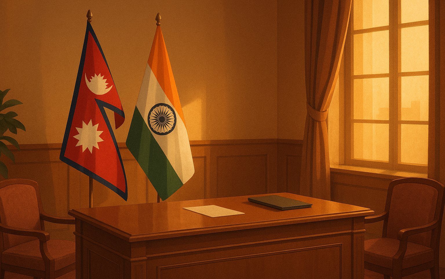 The flags of Nepal and India displayed together in a formal diplomatic setting, representing the newly announced ambassadorial appointment.
