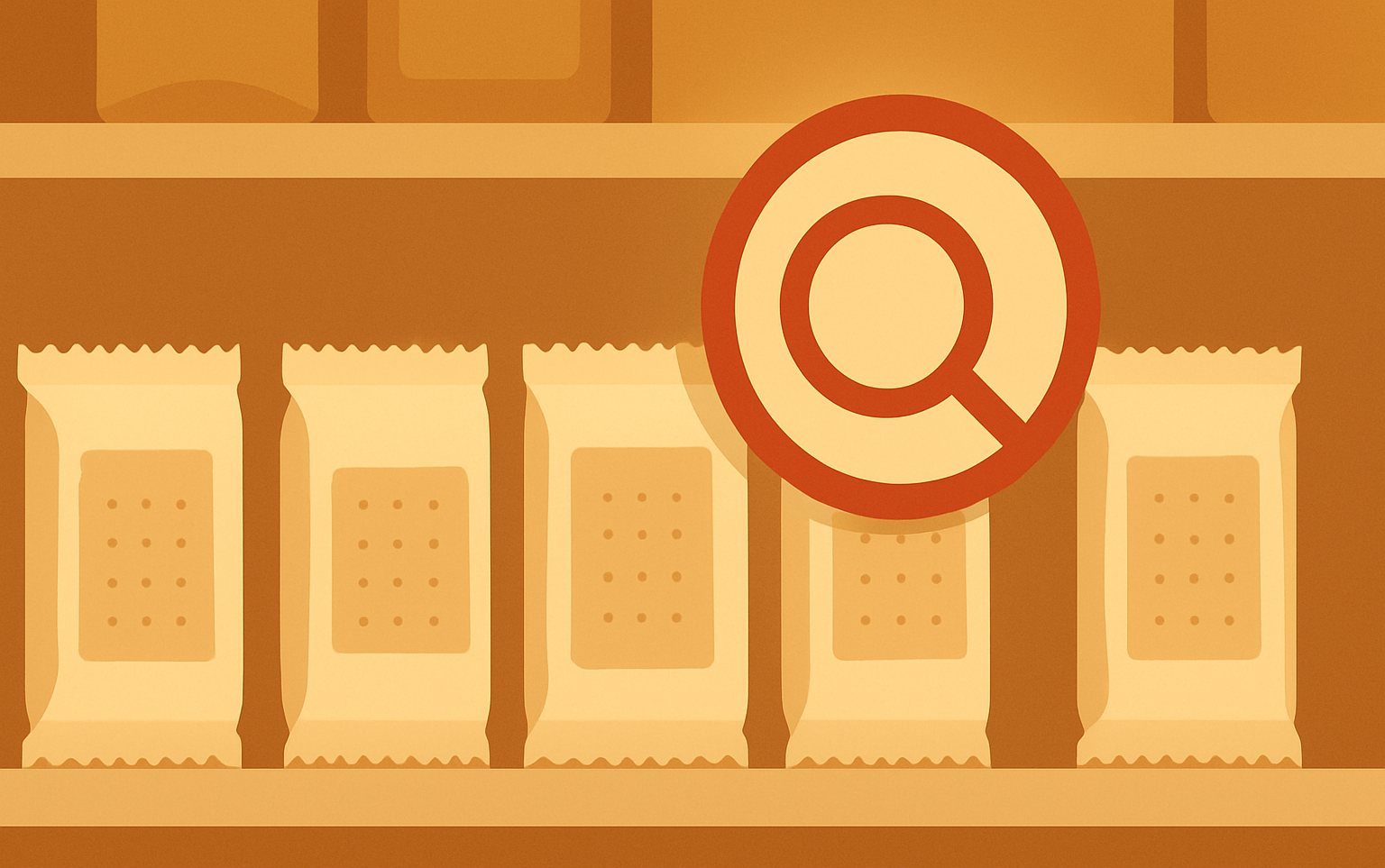 Illustration of packaged biscuits on a shop shelf beside a food safety inspection stamp, symbolizing Nepal's ban on Priyagold biscuits.