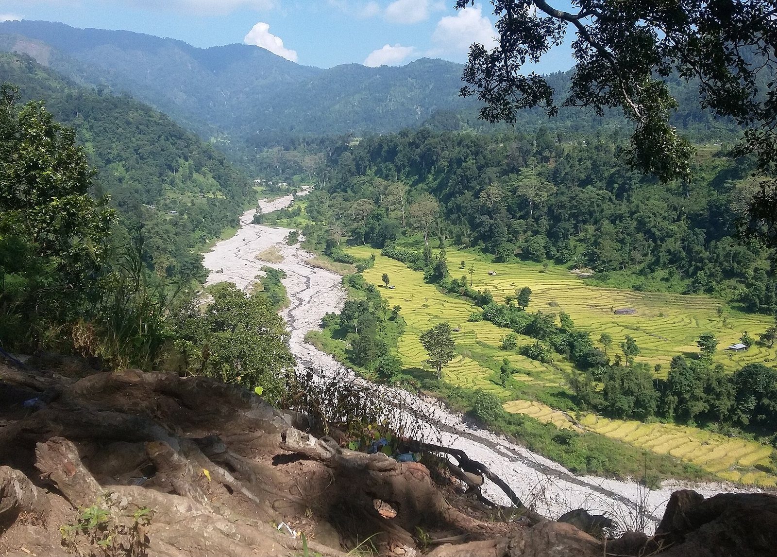 A river winding through a forested valley with terraced green fields in Jhapa district, Nepal, viewed from a hillside overlook.