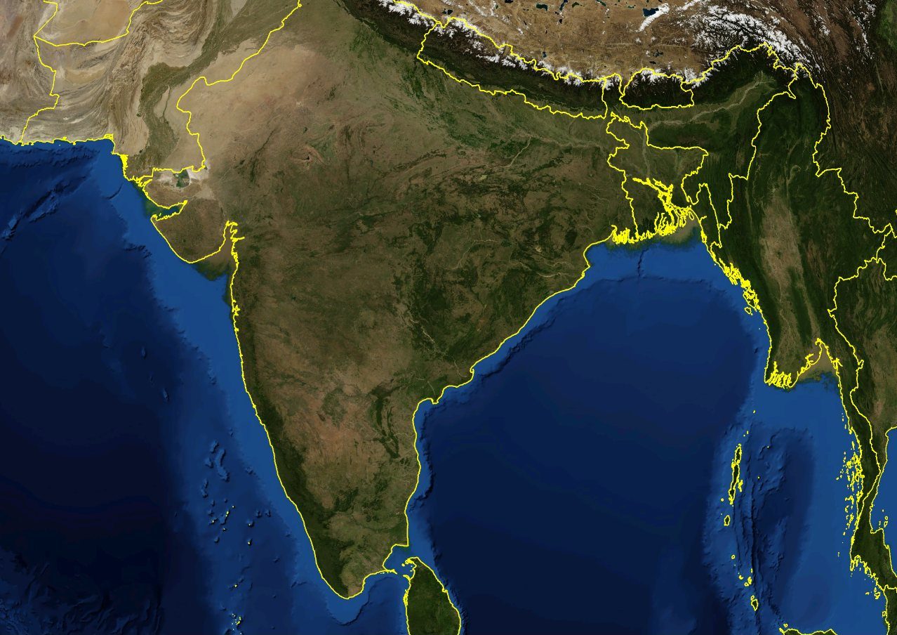 Satellite view of the Indian subcontinent showing the Bay of Bengal and surrounding coastlines.