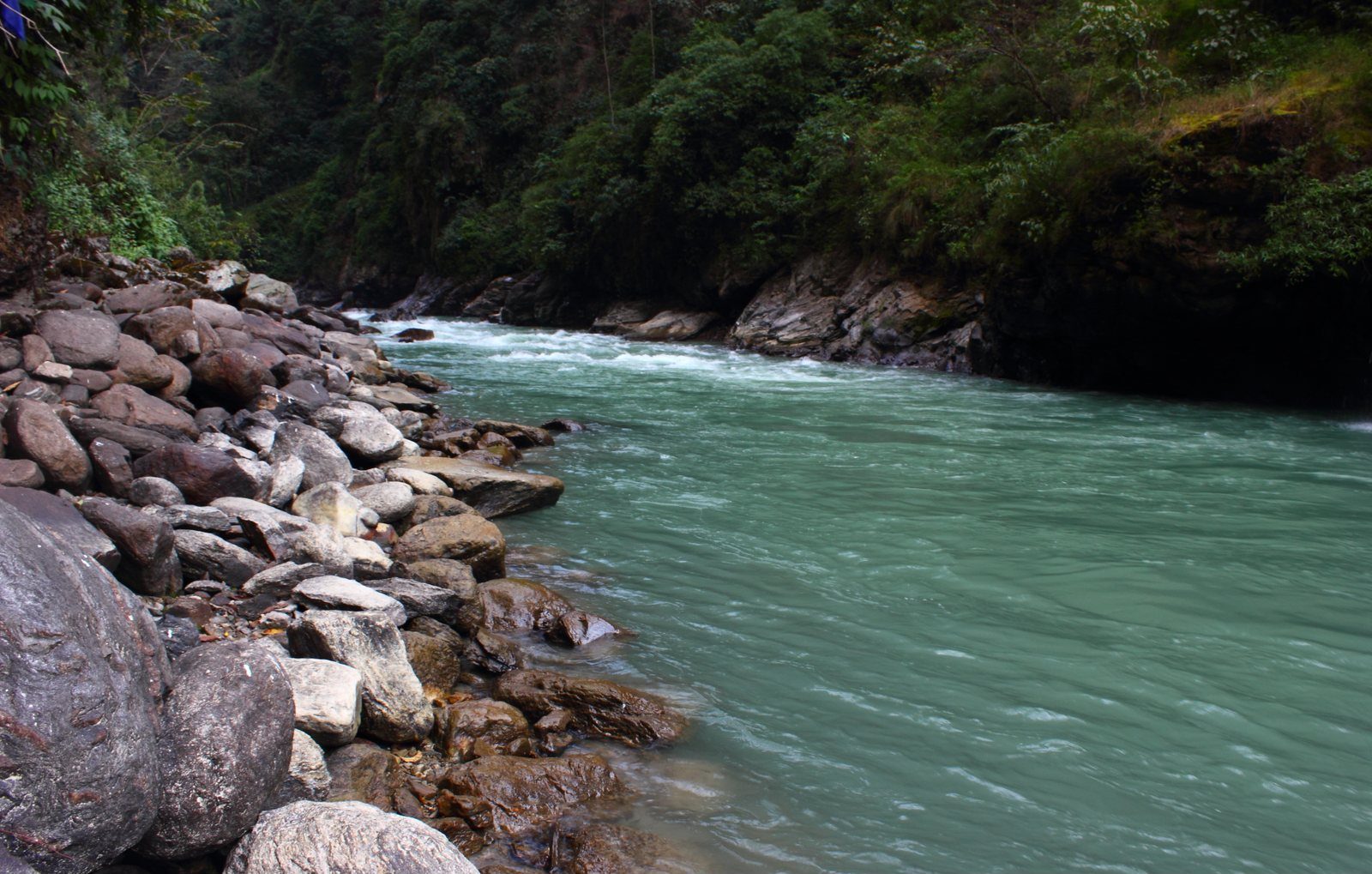 A rocky stretch of the Koshi River in Nepal with turquoise rapids flowing past boulder banks and forested hillsides.